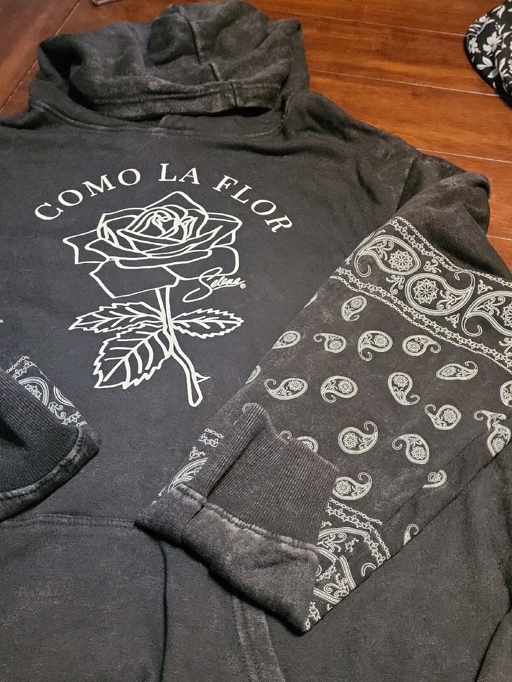 Women's Black 'Como La Flor' Pullover Hoodie with Bandana Sleeve Detail